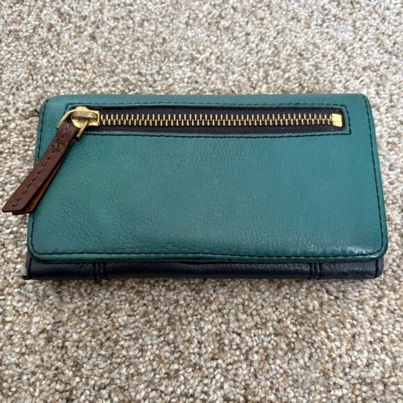 Fossil Navy Blue & Turquoise Leather Wallet Gold Hardwear - Picture 4 of 14